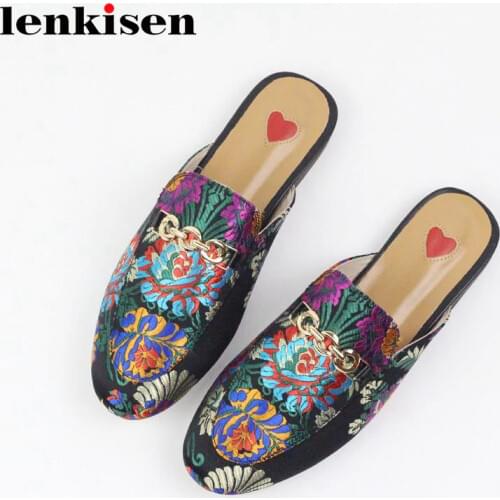 Lenkisen 2021 genuine leather slip on outside slippers oriental embroider mules metal decoration streetwear fashion women shoes