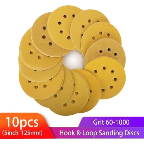 5inch 125mm 8-Hole Sanding Sheet Gold Velcro Sanding Discs for DA Sander Dry Sand Paper for Woodworking or Automotive