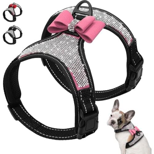 Reflective Dog Accessories Harness Fashion Pitbull Pug Small Medium Dogs Harnesses Vest Bling Rhinestone Bowknot Pet Supplies