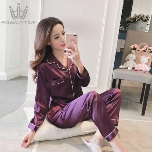 Women Pajamas Sets Silk Satin Pijama Long Sleeves Pyjamas Turn-down Collar Sleepwear Pocket Decor 2 Pieces Sets Silk Pajamas