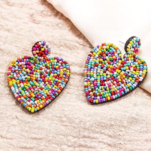 Bohemian Ethnic Colorful Heart Shaped Earrings for Women Fashion Long Handmade Rice Bead Stud Earrings Female Party Jewelry