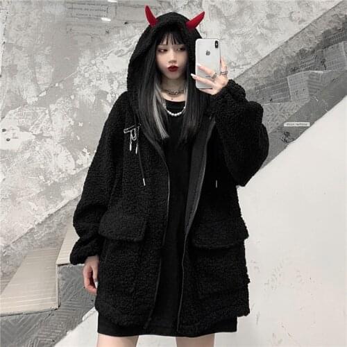 Winter Lambs Wool Hooded Coat Black Retro Loose Tooling Women Outerwear Zipper Casual Street Thick Cotton Padded Solid Clothes