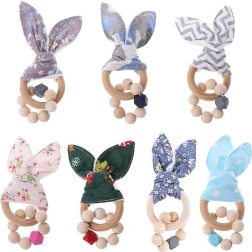 1pc Wooden Bunny Ear Teether Fabric BPA Free Wood Ring Baby Teether Rodent Baby Gym Mobile Rattles Newborn Educational Toys
