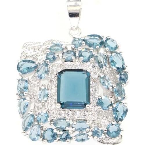 40x30mm Anniversary Long Big Created Silver Pendant for Women London Blue Topaz CZ Daily Wear Eye Catching