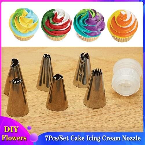 7Pcs/Set Icing Nozzles Stainless Steel Flower Mouth Icing Piping Nozzles with Converter Cake Cookie Decorating Tool