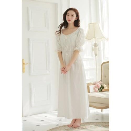 Free Shipping New Summer 100% Cotton Princess Nightshirt Womens Nightgown White Long Sleepwear Vintage Pijamas roupao feminino