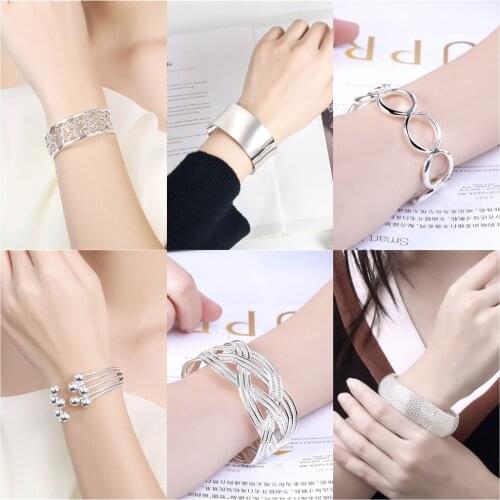 Pure Silver Bangles For Women Wide Geometric Wrist Bracelets & Bangle Pulseras Mujer European Style Jewelry Accessories Bijoux