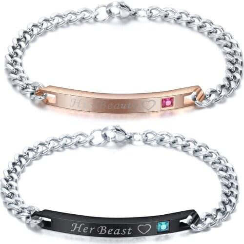 DIY Her Beast His Beast Black Rose Gold Couple Bracelets Stainless Steel Crytal Heart Charm Bracelets For Women Men Drop Shippi