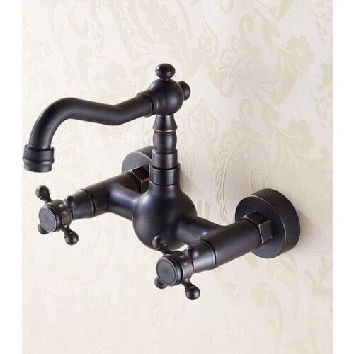Black Oil Rubbed Bronze Wall Mounted Dual Cross Handles Kitchen Bathroom Vessel Sink Faucet Mixer Taps ahg008