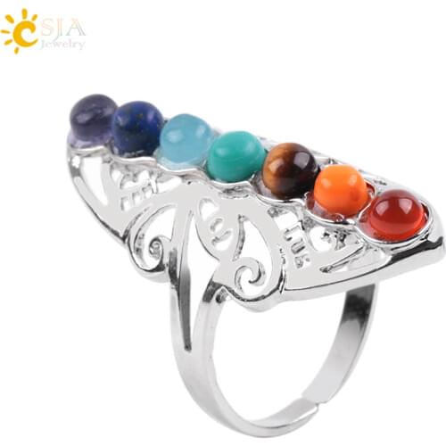 CSJA 7 Chakra Stone Bead Finger Rings Reiki Balance Meditation Healing Point Charm Adjustable Yoga Hollow Flower Women Ring E064