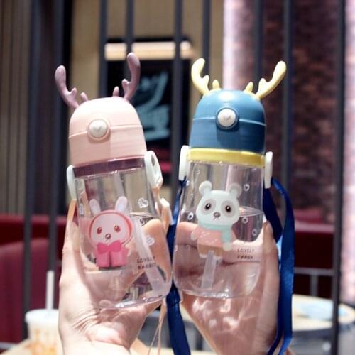 Kids Children Cartoon Animal School Drinking Water Straw Bottle Straw Sippy Baby Cup With Shoulder Strap 550ml