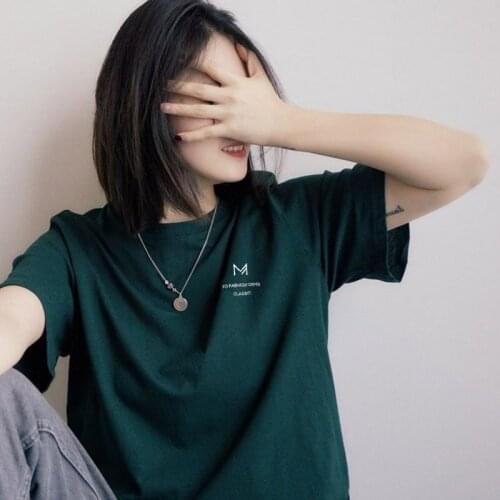 Pure Cotton Hong Kong Style Short-Sleeved Female Students Summer New Style Ladies Loose And Simple Green T-Shirt Tops
