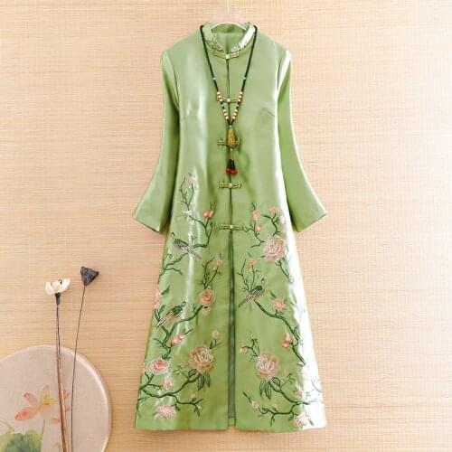 Chinese Style Elegant Lady Outerwear Autumn Indie Folk Royal Embroidery Magpie Retro Women Vintage Trench Coat Female S-XXL