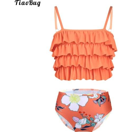 TiaoBug Summer 2Pcs Kids Girls Bikini Set Swimwear Adjustable Straps Layered Ruffle Hem Top And Floral Print Bottoms Swimsuit