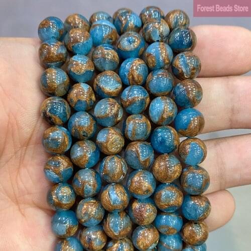 Natural Golden Stripe Lake Blue Cloisonne Stone Round Beads Diy Bracelet Necklace for Jewelry Making 15" Strand 4 6 8 10 12MM