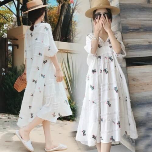 Summer Pregnancy Clothes Maternity Dress Floral Print Plus Size V-Neck Dresses Pregnant Casual Long Dress+vest Two-piece Set
