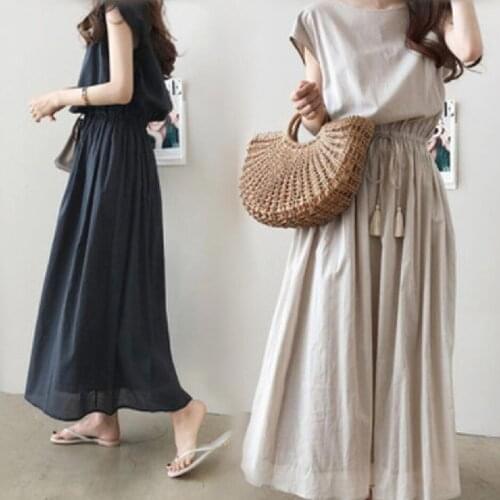 Maternity literary and large swing skirt summer new style can be waist loose large size cotton and linen long dress
