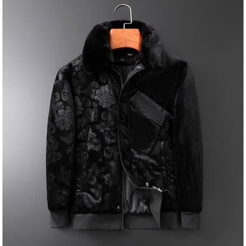 2021 Brand autumn and winter mens high-end outdoor casual warm fur collar short jacket male Floral pocket black jacket men Slim