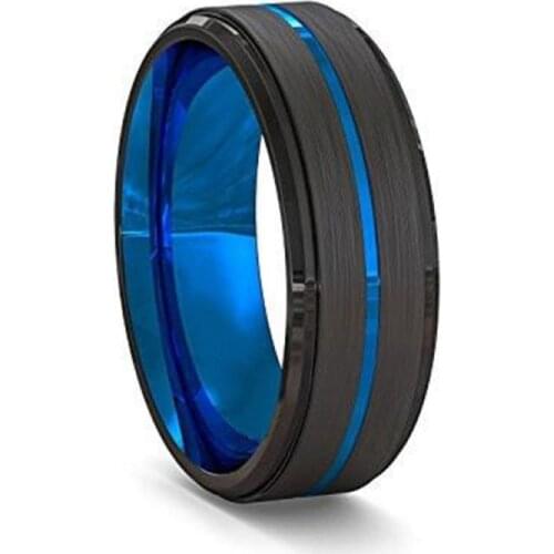 2020 Fashion New 8mm Anillo De Acero De Tungsteno Blue Groove Striped Men Wedding Ring Jewelry
