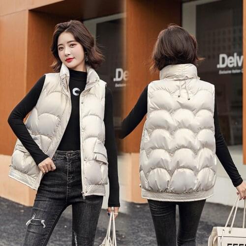 2021 New Winter Short Stand Collar Gloosy Vest Parka Jacket Women Casual Sleeveless Streetwear Ladies Zipper Parka Vest Coat