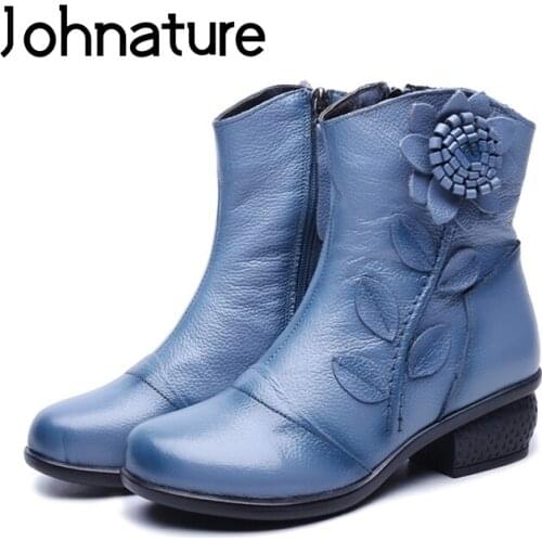 Johnature Genuine Leather Platform Boots 2021 New Autumn Winter Women Shoes Zip Round Toe Flower Leisure Sewing Ankle Boots