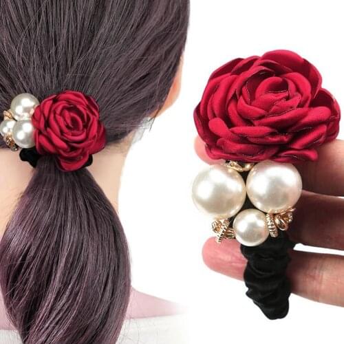 Ribbon Rose Flower Pearls Hair Bow Holder Elastic Rubber Band Bridal Women Hair Jewelry