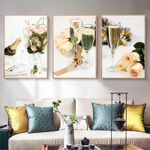 Nordic Luxury Wine Glass Champagne Rose Flower Restaurant Living Room Decoration Painting Minimalist Home Decor Wall Posters