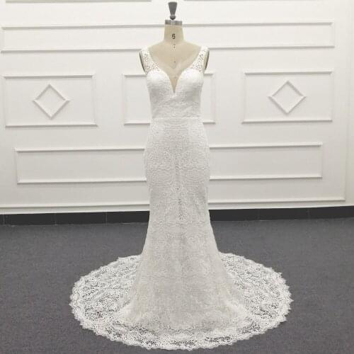 V Neck Wedding Dresses With V Back White Lace Applique Bridal Dress For Wedding Party Vestidos De Novia Water Lace Mermaid SJ697