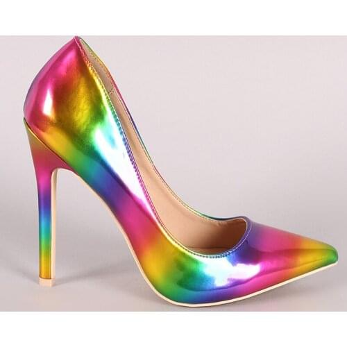 Women Sexy Rainbow Patent Leather Pumps Pointed Toe High Heel Shoes Ladies Multicolors Stiletto Heels Thin Heels Party Heels