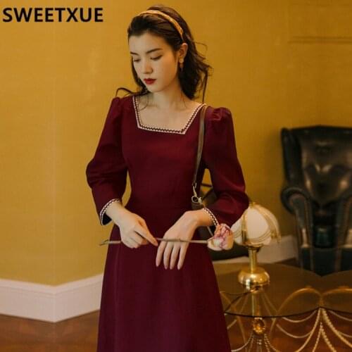SWEETXUE Vintage French Square Collar Simplicity Temperament Long Dress Womens 2021 Elegant Chic Fairy Party Female Vestidos