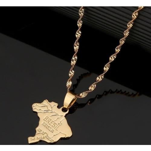 Gold Color Brazil Map Brasil Flag Pendant Necklaces for Women Brazilians Charm Jewelry Gifts