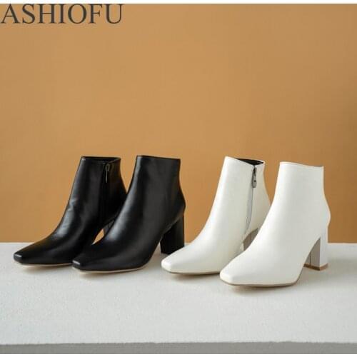 ASHIOFU New Ladies Chunky Heel Boots Classic Party Prom Fashion Ankle Booties Large Size Fashion Dress Evening Boots Shoes