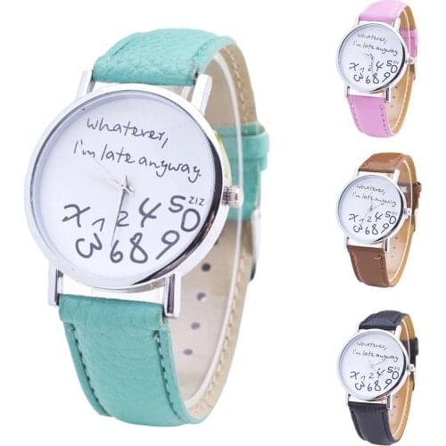 Women Whatever Im Late Anyway Letter Round Dial Faux Leather Strap Quartz Watch Fashion Letters Numbers Adjustable Womens Watch