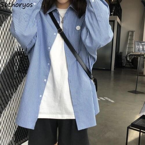 Women Long Sleeve Shirts Striped Simple Classic All-match Trendy Loose Bf Style Streetwear Harajuku Casual Retro Spliced Couples