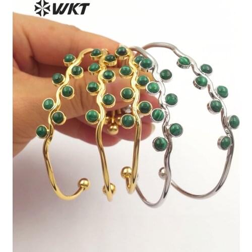 WT-B426 WKT Special Design Natural Malachite Stone In Round Shape Bangle Gold Color Bangle For Female Jewelry Making