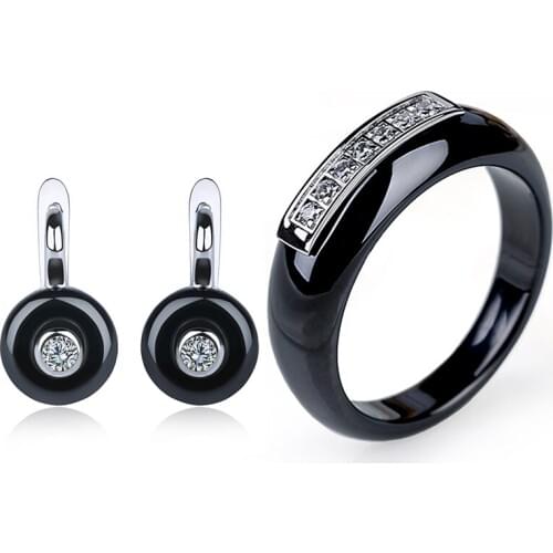 Classic Black White Ceramic Jewelry Set For Women CZ Crystal Jewelry Sets Earrings Rings Fashion Wedding Jewelry Party Gift