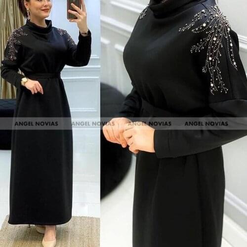 ANGEL NOVIAS Muslim Women Long Sleeve High Neck Arabic Evening Dress 2021 Beaded Ankle Length Robes De Soiree Longue