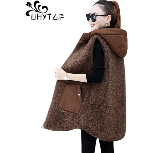 UHYTGF lambswool winter vest women fashion hooded sleeveless plus size vest waistcoat female casual warm coat chaleco mujer 1124