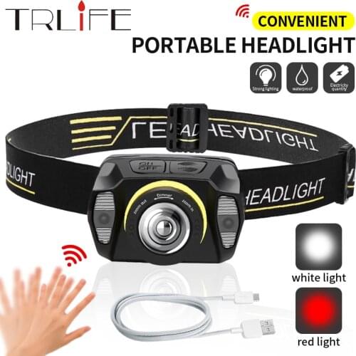 8000lm Portable Mini Headlight with Sensor USB LED Headlamp Super Bright Red Fishing Lights Waterproof Zoom Lantern EDC Torch