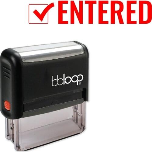 BBloop "ENTERED W/Check Mark" Self-Inking Stamp, Rectangular, Laser Engraved, RED