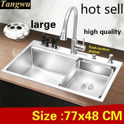 Free shipping Apartment push button drainer big kitchen manual sink single trough 304 stainless steel hot sell 77x48 CM