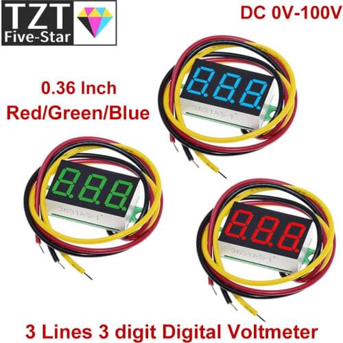 0.36 Inch 0.36" Digital Voltmeter Red Green Blue DC 0V-100V 3 Lines 3 digit Voltage Panel Meter Display led Color for arduino