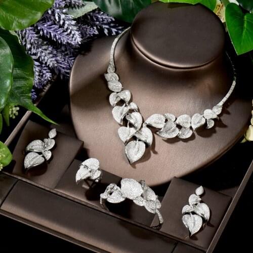 HIBRIDE Flower African Dubai Wedding Jewelry Necklace Earrings Set Bangle Ring Jewelry Set for Women Bridal Jewelry N-1594