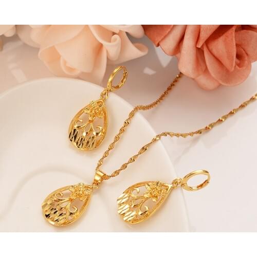 Beautiful Gold vintage Flower Jewelry set for women Pendant Chain Earrings Bride Wedding Bijoux birthday anniversarygift girls