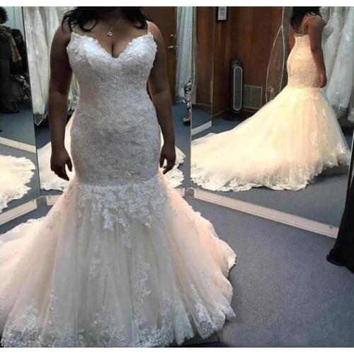 Mermaid Lace Wedding Dresses 2022 Plus Size with Beaded Appliques African Court Train Spaghetti Tulle Wedding Bridal Gowns