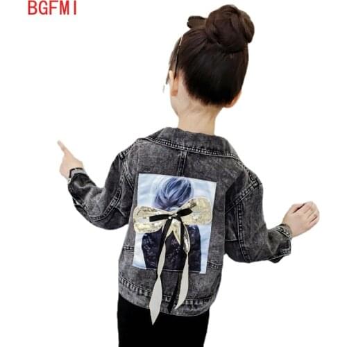 Spring Fall Kids Black Jacket Girls Ripped Hole Teen Casual Sequins Bow Printed Coat Jeans Baby Kid Girl Demin Outerwear Clothes