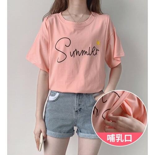 Summer Maternity Breastfeeding T-shirt Short Sleeve O-neck Printing Nursing Tops Pregnant Women Outer Clothes For Postpartum Mom