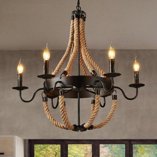 Black rope chandelier Industrial Style Lamp Retro Wrought Iron candle chandelier Bar Coffee Restaurant Farmhouse Lighting