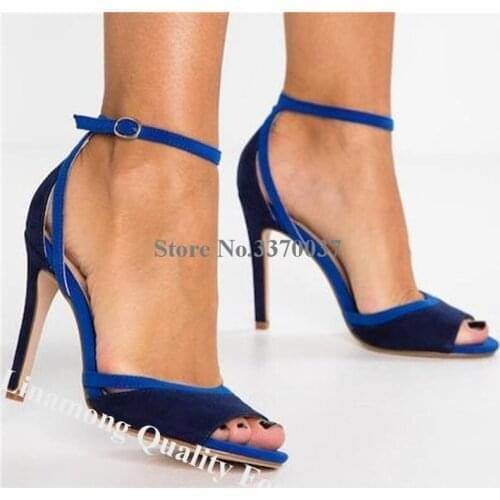 Linamong Fashion Peep Toe Blue Suede Stiletto Heel Sandals Patchwork Ankle Straps Cut-out High Heel Sandals Dress Heels
