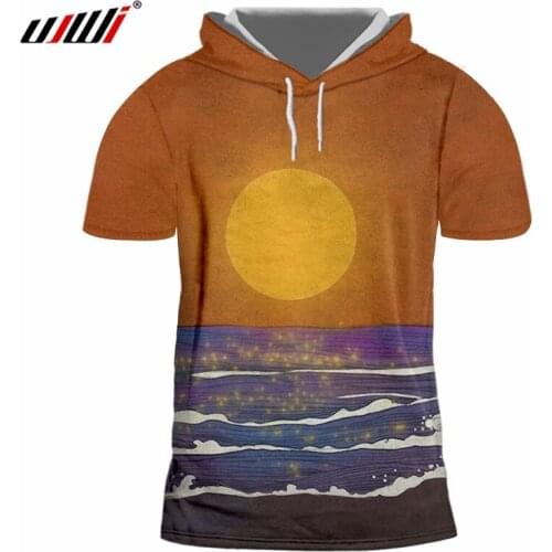 UJWI Man Hooded Tshirt Mens Large Size Casual Brand Hoodies Tee Shirt Free Shipping 3D Printed Sunset And Sea Colored Scenery